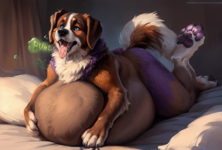 (st. bernard:1.3), dog (brown body:1.3), (brown and purple fur:1.3), blue eyes, detailed fur, male, anthro, shy, 5 fingers, paws, 4 toes, (sketch lines, colored sketch), volumetric lighting, dynamic light, full body, intricate details, absurd res, 8k, the best quality, the best resolution, masterpiece, beautiful composition, absurd res, needy eyes, submissive, excited, laying submissively, (three quarter view:1.3), panting, longing gaze, mouth open tongue out belching in pleasure, {(on bed), (large round belly), (paws on belly), (paw shaped bulges on belly), (feet on bed), (looking at viewer)} ((beautiful) eyes: 1.1), (detailed eyes: 1.1), (detailed), good anatomy, detailed face, (by Kenket), by Ross Tran, by Michael & Inessa Garmash, by Pino Daeni, by Kiguri, by Alena Aenami, by Ruan Jia {(on bed), (viewer looking into mouth), (close-up of mouth), (looking at viewer)}, (wide open mouth), (tons of spit and drool), (can see in mouth), (can see back of throat), (mouth focus) {(on bed), (viewer looking into mouth), (looking at viewer)}, (wide open mouth), (by by cutesexyrobutts, by darkgem, by zackary911, (by by singafurian, by daftpatriot, sassy, detailed face, handsome, face, detailed mouth, stroking belly, nsfw, show off, close up, big belly, bulging belly, squirming belly, vore, belching, bulging belly, squirming belly, vore, belching, bulging belly, (((vore))), (hyper belly), obese, chubby body, protuberance of a face on the belly, scream of help, vore belly, big belly, high quality, male vore, vore, big belly,high quality, high resolution, 4K, burping, belly bulge,eyes closed, horny expression, massive belly, extremely large belly, belly effects, vore, belly bulges, burp, gripping belly, foot focus,soles,purple pawpads