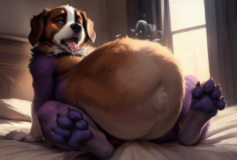 (st. bernard:1.3), dog (brown body:1.3), (brown and purple fur:1.3), blue eyes, detailed fur, male, anthro, shy, 5 fingers, paws, 4 toes, (sketch lines, colored sketch), volumetric lighting, dynamic light, full body, intricate details, absurd res, 8k, the best quality, the best resolution, masterpiece, beautiful composition, absurd res, needy eyes, submissive, excited, laying submissively, (three quarter view:1.3), panting, longing gaze, mouth open tongue out belching in pleasure, {(on bed), (large round belly), (paws on belly), (paw shaped bulges on belly), (feet on bed), (looking at viewer)} ((beautiful) eyes: 1.1), (detailed eyes: 1.1), (detailed), good anatomy, detailed face, (by Kenket), by Ross Tran, by Michael & Inessa Garmash, by Pino Daeni, by Kiguri, by Alena Aenami, by Ruan Jia {(on bed), (viewer looking into mouth), (close-up of mouth), (looking at viewer)}, (wide open mouth), (tons of spit and drool), (can see in mouth), (can see back of throat), (mouth focus) {(on bed), (viewer looking into mouth), (looking at viewer)}, (wide open mouth), (by by cutesexyrobutts, by darkgem, by zackary911, (by by singafurian, by daftpatriot, sassy, detailed face, handsome, face, detailed mouth, stroking belly, nsfw, show off, close up, big belly, bulging belly, squirming belly, vore, belching, bulging belly, squirming belly, vore, belching, bulging belly, (((vore))), (hyper belly), obese, chubby body, protuberance of a face on the belly, scream of help, vore belly, big belly, high quality, male vore, vore, big belly,high quality, high resolution, 4K, burping, belly bulge,eyes closed, horny expression, massive belly, extremely large belly, belly effects, vore, belly bulges, burp, gripping belly, foot focus,soles,purple pawpads