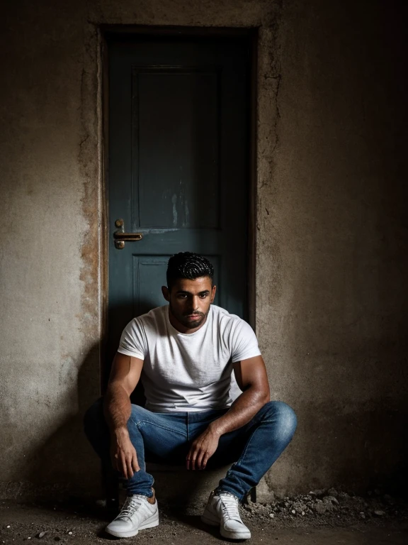 The person is slowly standing upright, a determined look on his face