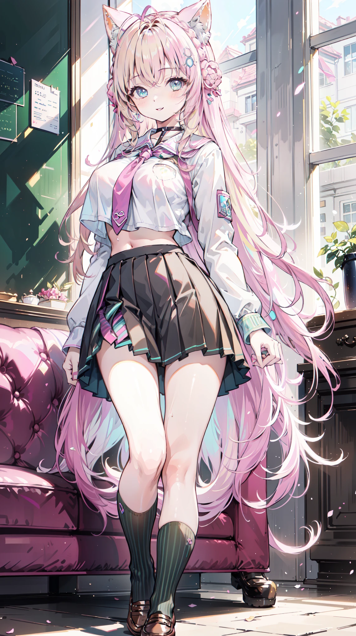 (masterpiece:1.5),, 1 girl at home, young woman , ( Beautiful Girls :1.5), ( extremely detailed and delicate anime face and eyes :1.5), whole body, ( natural light, HD , very detailed CG :1.3), ( dynamic posture :1.3), { correct body anatomy }, ( Wide hips:1.4), ( Perfect hands :1.3), Single focus, toned body , Beautiful lips , Thick lips, { Beautiful nipples }, {Correct posture}, { meeting minutes details }, { detailed body }, { Sexy woman wearing clothes with attention to detail }, { bright eyes }, ( U-shaped clip: 1.3), { accessories and gray hair }, { Sexy}, { alone}, ( school uniform: 1.5), high school , ( School Uniform : 1.5), Long sleeve jacket, Short skirt, (pleated Short skirt: 1.3), black knee-high socks on the couch , women's shirt , tie, Brown loafers, earrings for a woman alone, black choker , Headband, Hairpin, ( Smile gently: 1.3), Long hair, (Two-tone hair: 1.5), ( pink blonde with pink and green stripes : 1.5), ( blue eyes: 1.3),