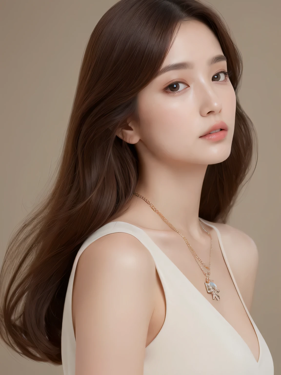 (Best quality, High resolution, Masterpiece :1.3), A tall and pretty woman, Slender abs, Dark brown hair styled in loose waves, Breasts, Wearing pendant, nude, (Modern architecture in room), Details exquisitely rendered in the face and skin texture, Detailed eyes, Double eyelid