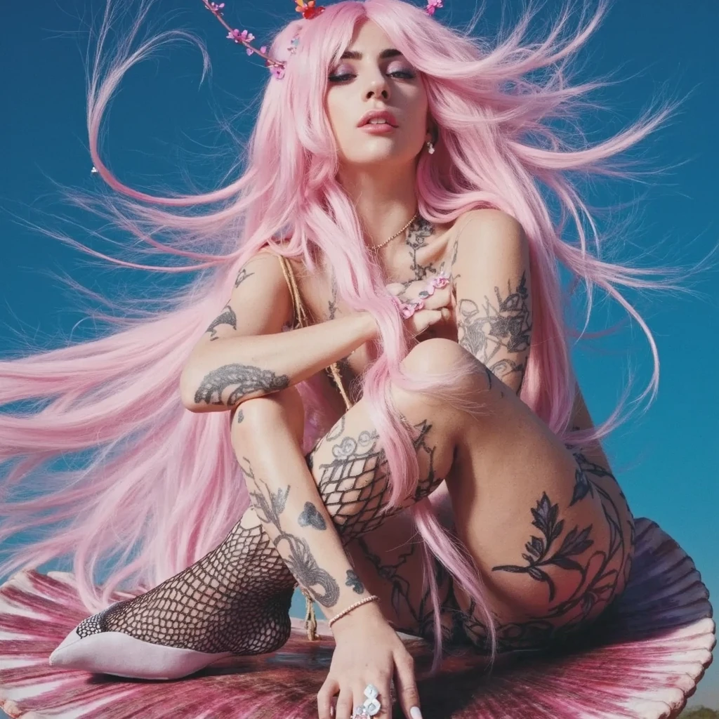 arafed image of a Lady Gaga in a bikini sitting on a shell, an album cover inspired by David LaChapelle, tumblr, psychedelic art, “ femme on a galactic shore, lady gaga artpop act ii, venus goddess, lady gaga with her venus pink hair, lady gaga artpop act ii album, aphrodite goddess of love, earth goddess mythology