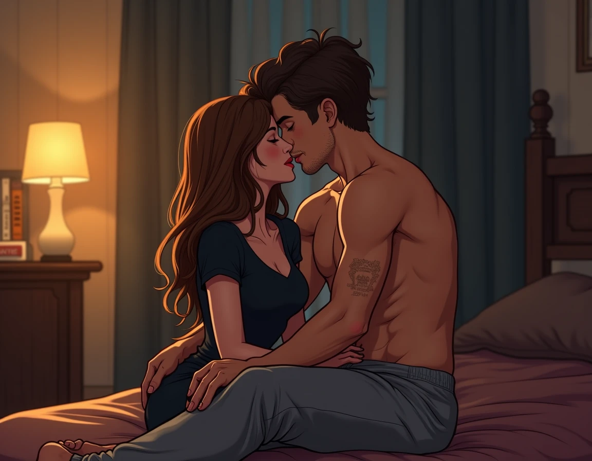 Can you create an animated picture of a boy and a girl in their early 20s on a bed in a dark room the only light is the one from outside flowing in through the windows. The girl is sitting the boy while they kiss. Her hand is around his neck and in between her fingers is a blunt and her other hand hangs loosely by her holding a lighter. His hand are holding her waist. She is dressed in a shirt and short while he is shirtless and wearing sweatpants. There is green and blue led lights in the room.The girl is brown skinned with blonde braids reaching her lower back. The boy is also brown skinned with a fade hair cut.