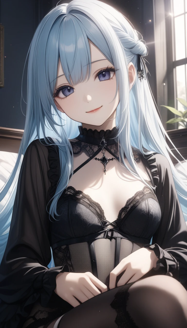Best Quality,High resolution,8K,finelity detailed background,Masterpiece:1.2),beautiful girl,Shiny light blue hair,blunt bangs,Light blue eyes,Gentle look,A refreshing look,smile,Best quality,Best Quality,Aesthetic and aesthetic:1.2,Best details((Super detailed))(High-definition CG illustrations),Upper Body, Black underwear,(black intricate lace),Slender body,night,moon,Bedroom,On the bed,smile,blush,cute,Scrounge,Looking up,Being spoiled,super model,wariza,shoot from,below