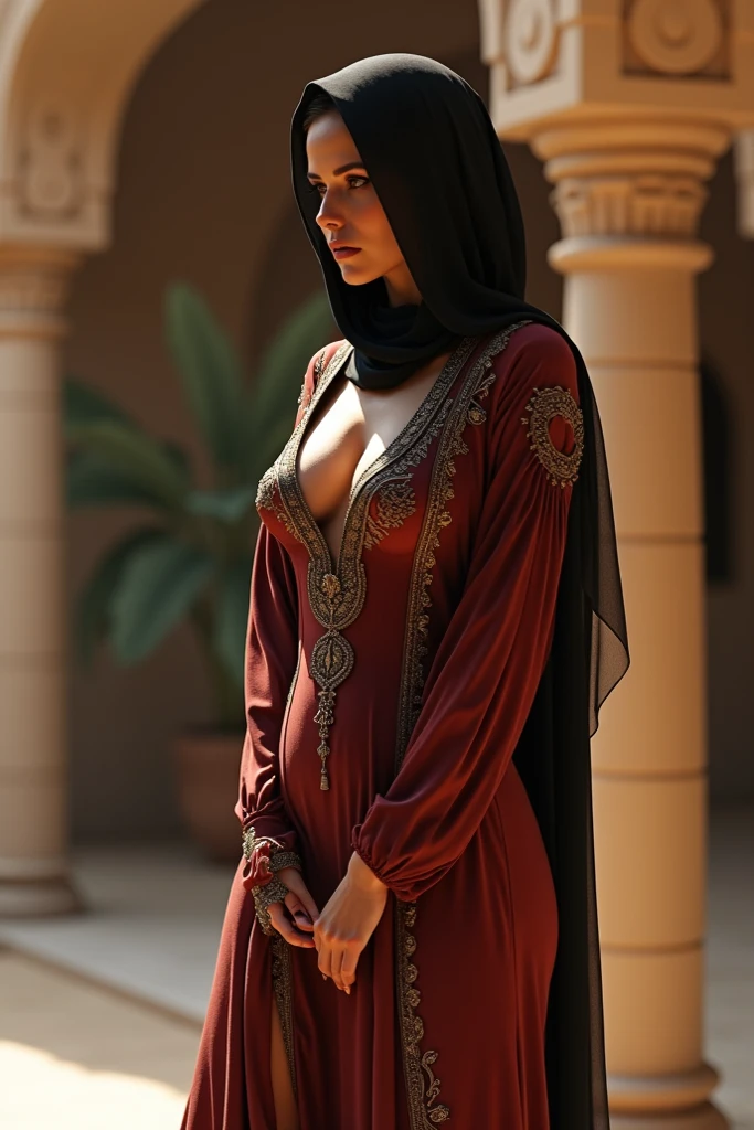 Khatar, a beautiful veiled woman with long yellow hair, red dress, hair sticking out from under the scarf.Big white bra, short and tight skirt, beautiful yellow bust, big and beautiful eyes, very high quality and very realistic, dark red lips and pantyhose, secretary dress and bent down and big breasts, head to pose Profile, flirting with closed eyes, long eyelashes, black eye shadow, black eyeliner, cinematic, Portrait photography of a beautiful young girl in hijab Wearing Moroccan Islamic Kaftan Outfit Half Orange Half Yellow , big breast, catwalk, morningtime,surrounded by a comfortable, cool atmosphere, looking at the viewer. (Skin details:1.3), hairy hands, Hijab, slim, red lips, seductive with bokeh camera background
