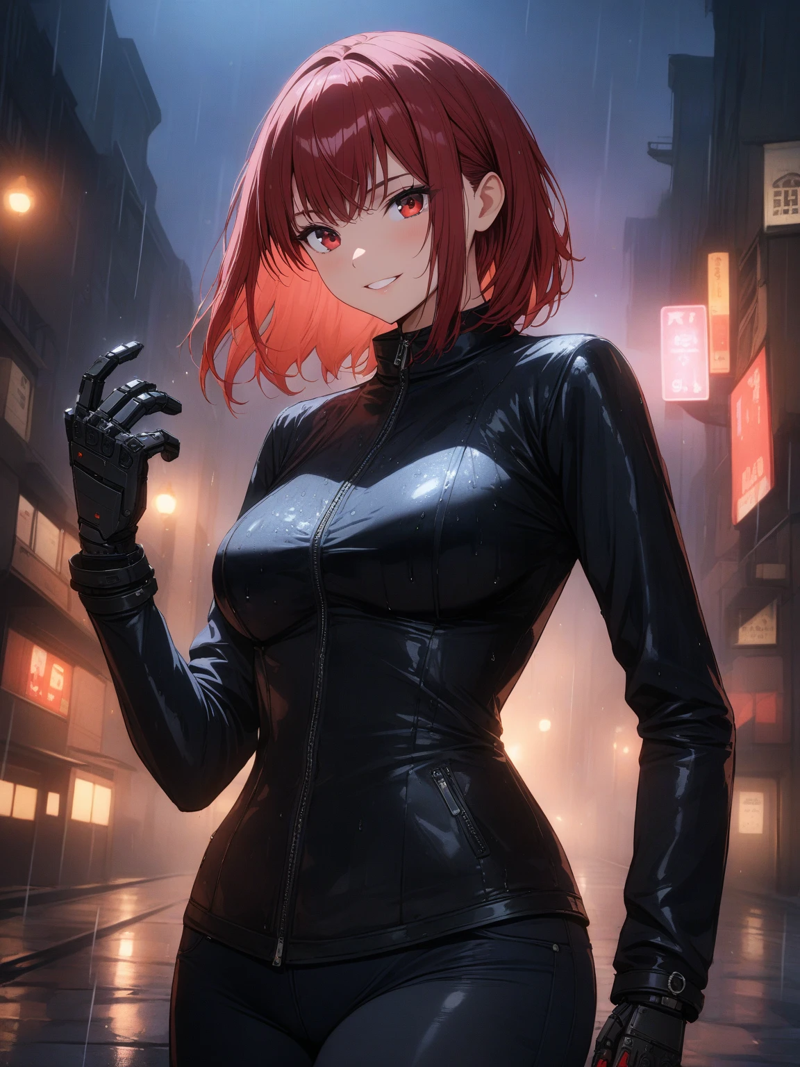 (anime women), high school girl, red hair with black bangs, (neon red viper eyes) standing in a rain soaked, city street at night, cinematic lighting (best quality:1.2)detailed, neon lights, vivid colors,bokeh, angry looking face with smirk on mouth, piercing, ((piercing)), gaze, 4k, particles in the air, powers, amazing art work full of details, dynamic movement, (black lips), bad girl
