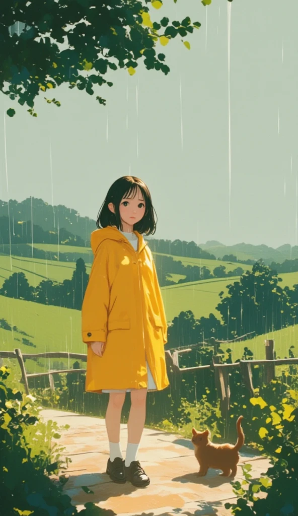 Jeongi Keobemaeg_Ghibli_ style _girl_in_raincoat_cat_Wet_in_of_r,lyh