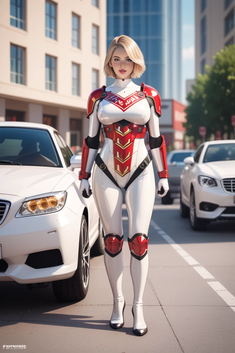 Masterpiece,  lyrics, high sharpness,  beautiful blonde woman with a voluptuous body ,  short straight hair,  red lips,  blue eyes , cute face, full body white latex suit, modern full body red armor, red knee protectors, 2 firearms, realistic, standing, on the street surrounded by buildings, passers-by and cars