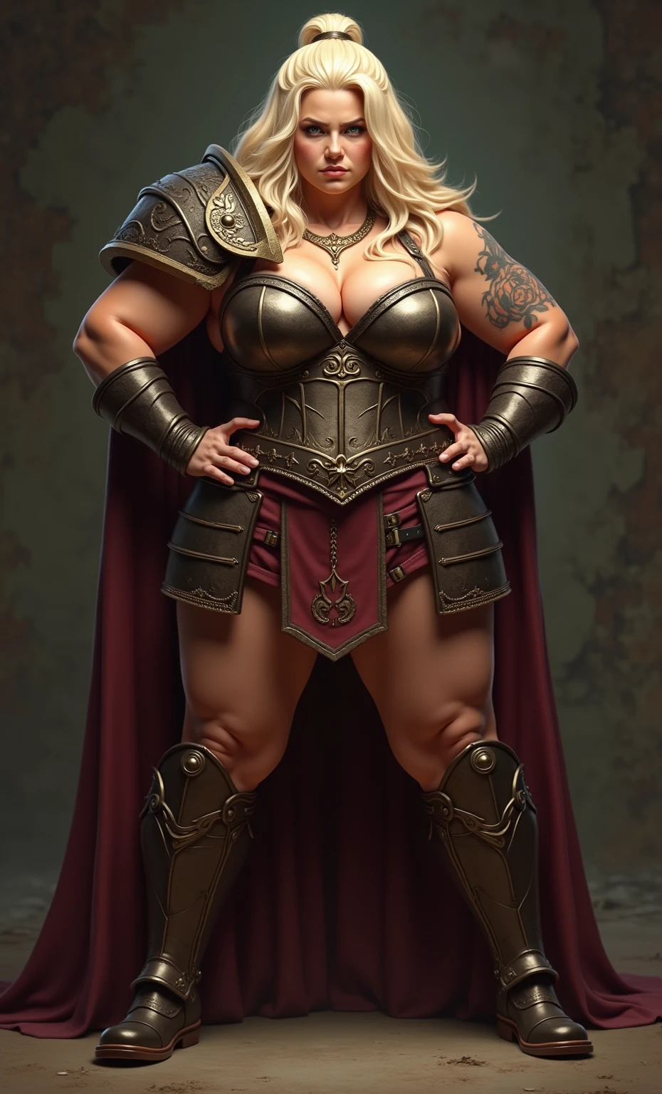 ((tall woman)) (musclegirl) (big boobies)(shows belly skin) golden hair, wearing leather shorts and skirt and lots of iron details, holding a large medieval ax ((Full body photo taken))