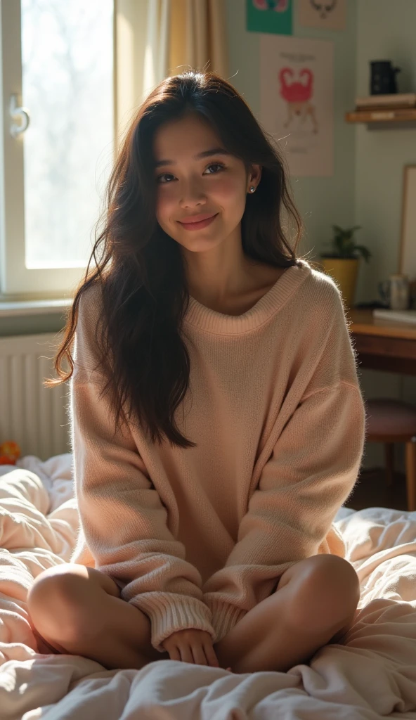 latina in soft, comfortable sweaters. with little light in her precarious room