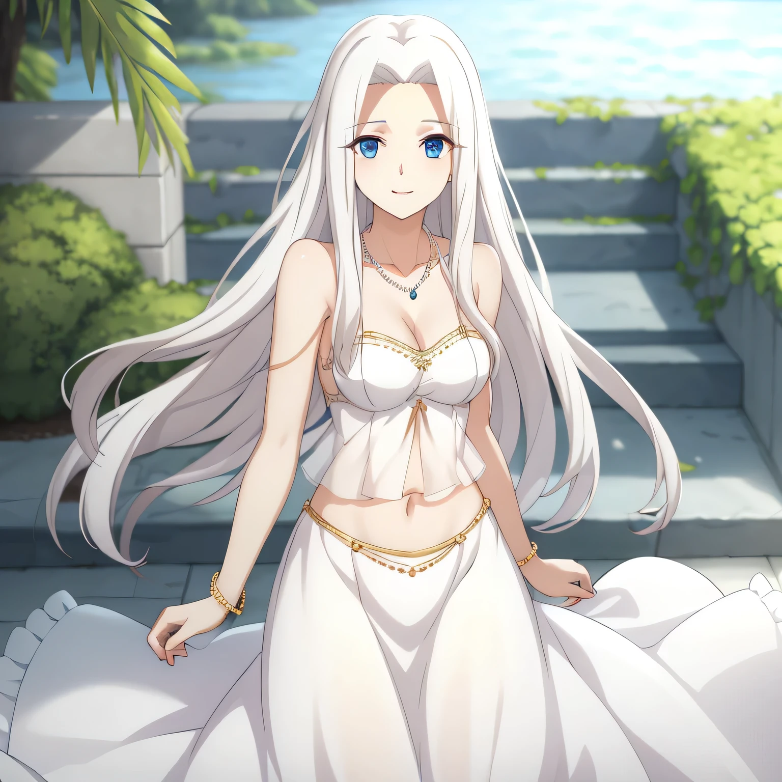 Irisviel,WHITE midriff sheer dress sleeveless,solo,looking at viewer,beautiful smile,arm at side,Middle large size of breasts,beautiful jewelry necklace,pearls necklace,bracelet,high quality,embroidery on dress,Very feminine irisviel looking,,soo white skins,4k,60fps,HD,Barefoot,shadows on character body,high graphics,in garden,blue eyes