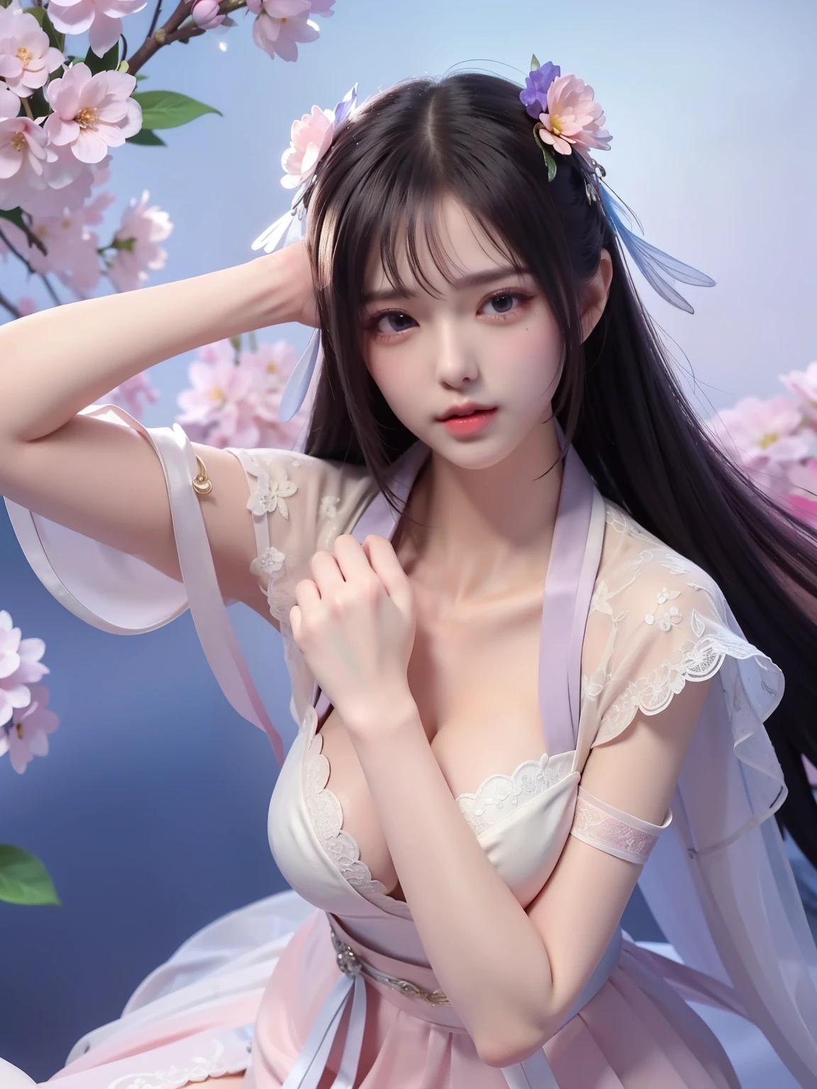 best quality, Delicate face,beautiful visual work, lifelike, eternity, black hair, Long curly hair, blunt bangs, Smile, Detailed Background, Delicate face,blush,cold,((masterpiece))、(top quality)、8k、high detail、Super detailed,21 years old female,身穿唐制Hanfu、waist skirt, Clothes are light and fluffy,Hanfu, wide sleeves, Transparent sleeves, Tunic, Clothes made of chiffon, Seductive and whimsical style、masterpiece、born、Scenes resembling fairy tale illustrations、intricate details和複雜的設計、Beautifully、magic、capricious、 Beautifully、Dream aesthetics、「𝓡𝓸𝓶𝓪𝓷𝓽𝓲𝓬、ethereal、charming、fickle、magic」、realism、Visual effects、FXAA、SSAO、Shader、voiceless、ambient lighting、Tone mapping、High resolution、Ultra high quality、Million pixels、(8K resolution:1.10)、8k、8k以下、8K resolution、high detail、intricate details, (high quality:1.2、masterpiece:1.2、:1.21)、(21 years old female:1.21)、(興奮地Smile)、(被dream般的氛圍所包圍、Model diagram,full-body shot,Normal 2 feet,Put your hands behind you,The protrusion of the breast is visible when wearing clothes, Large Breasts, H cup chest, antiquity, Xian Xia, gauze clothes, Soft and fluttering, Fairy, dream, fantasy, light, Elegant, nature, Immortal, romantic, classical, ribbon, light purple clothes, By the stream, "Cross your hands and put them into your sleeves"