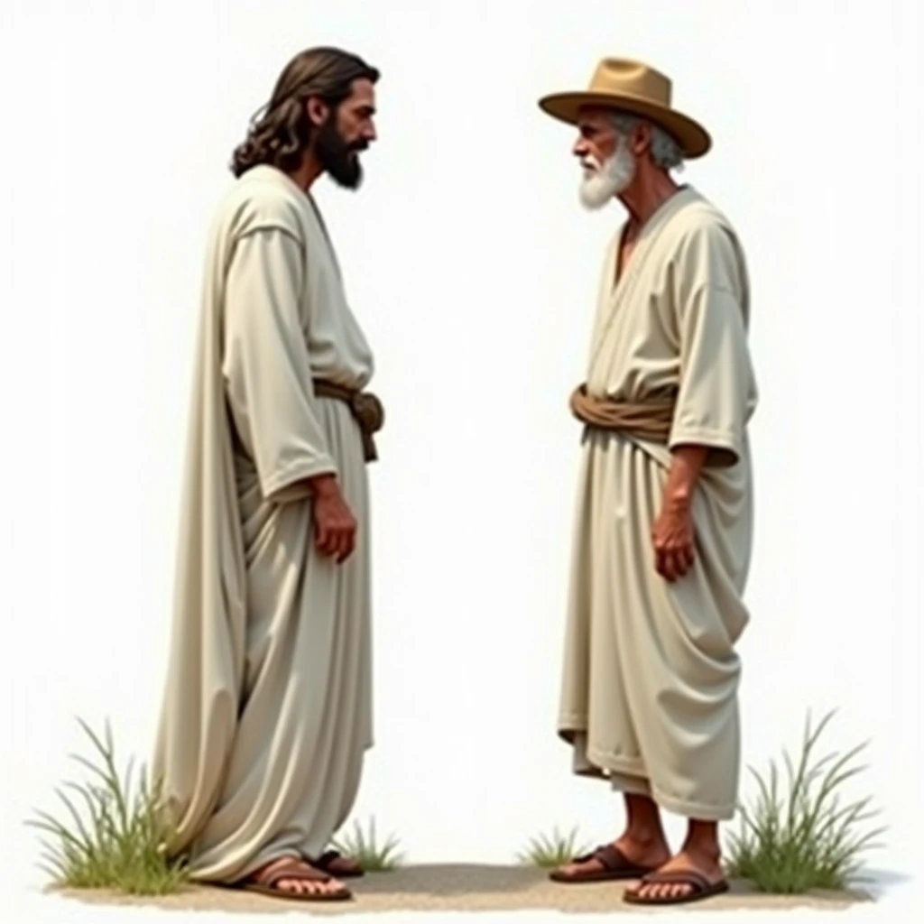 Create a realistic image of two bearded Israeli men in white robes crying a lot in the ancient village of ancient Israel. Realistic
