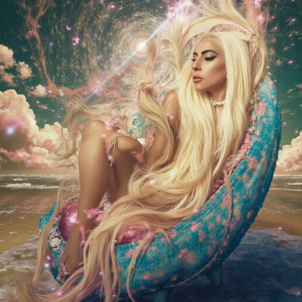 Lady Gaga meditating in a serene and ethereal forest surrounded by vibrant flowers and lush greenery.