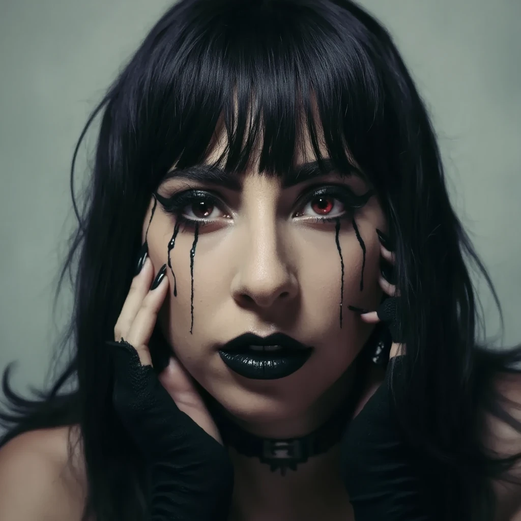 a photo  from Lady Gaga with black long nails with black hair and white highlights with bangs with crimson eyes crying black tears 