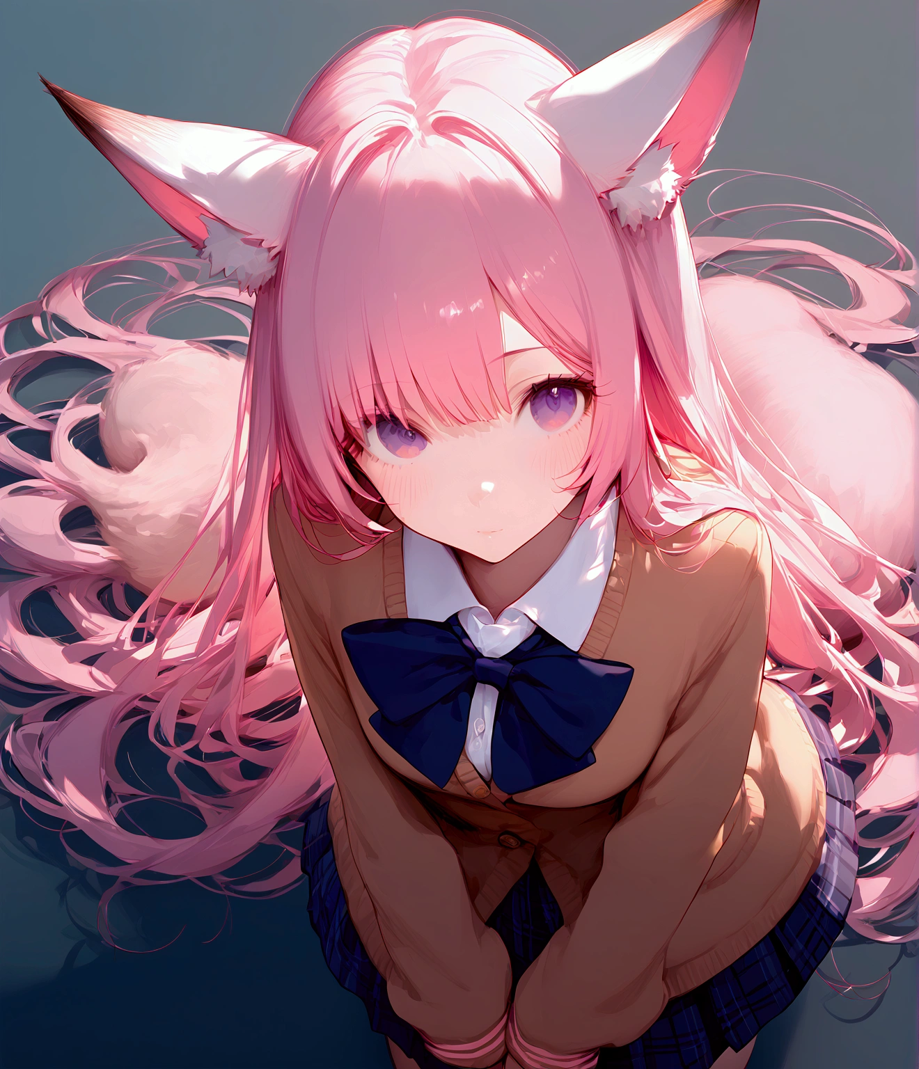 Beautiful anime girl, long pink hair, messy hair, long hair, purple eyes, fox ears, long bangs, fox tail, beautiful, ethereal, fair skin, (school uniform: 1.2), ultra detailed. score_9, score_8_above, score_7_above, looking at viewer, posing. +((☺️)) slight blush. Cute