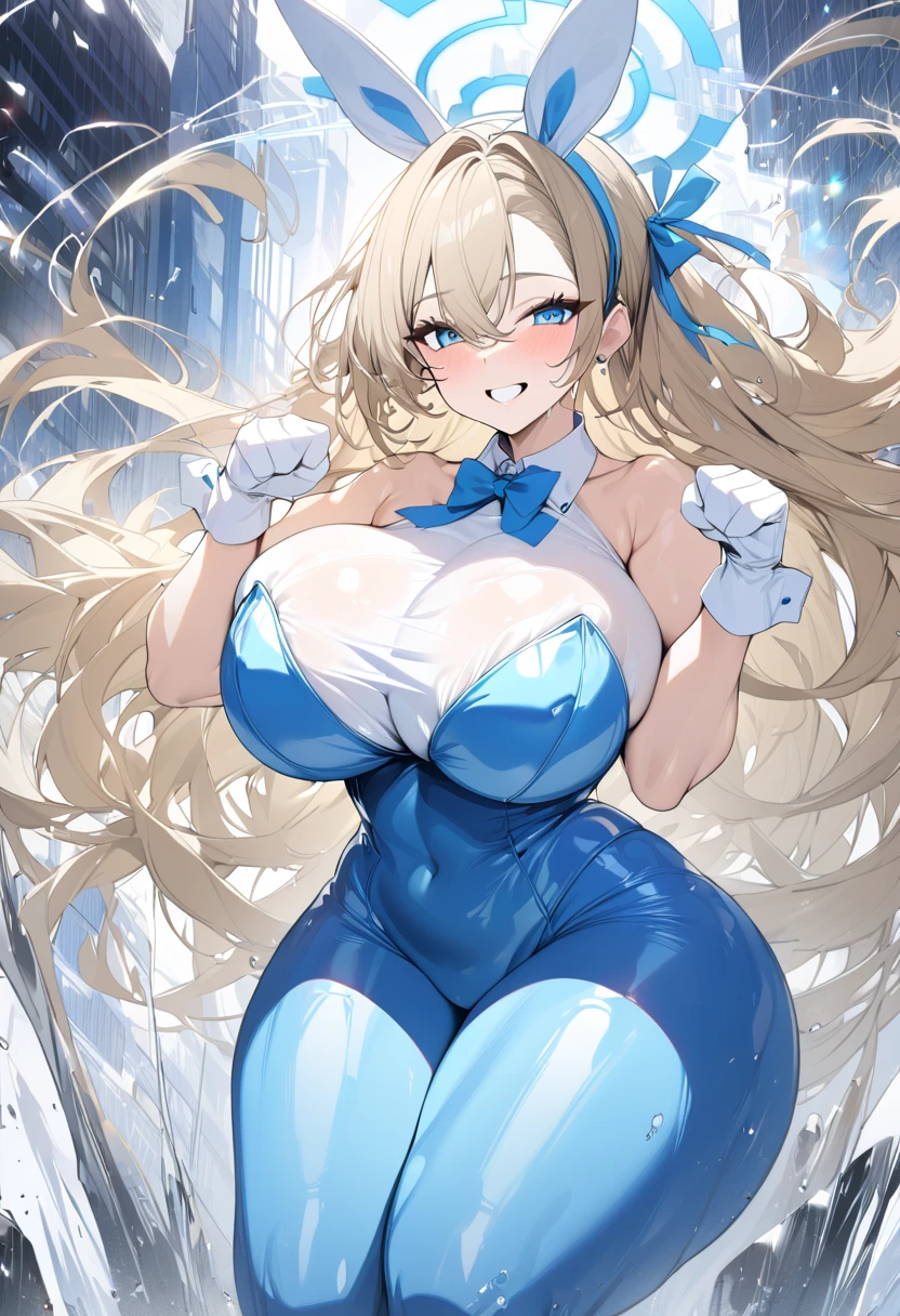 Masterpiece, sharp focus, dept of field, 4K, 8K,2D, high resolution, ultra detailed, beautiful anime girl, asuna_ichinose(blue archive), blonde hair, long blonde hair, blue eyes, side swept bangs, bangs cover right eye, bright skin, hourglass figure, curvy, bimbo body, large breasts, huge breasts, very big breasts, huge breasts:2.2, thick, thick breasts, thick hips, thick thighs, bunny girl outfit, headband rabbit ears, white rabbit ears, bare shoulder , no sleeves, legless suit, white gloves, blue latex bunny girl, blue latex tights, paw pose, jumping, floating, bouncing breasts, smile, looking at viewer, happy smile, blushing 