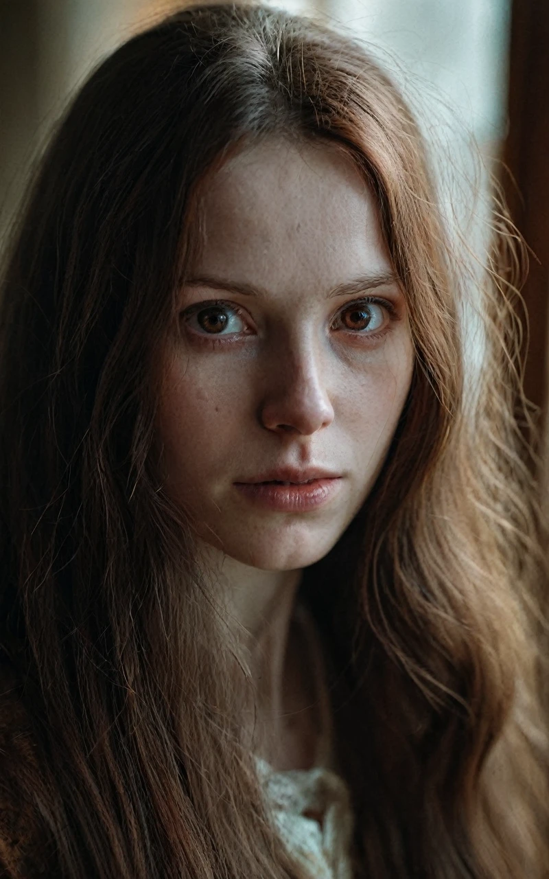 (8k, RAW photo, highest quality), beautiful girl, close up, dress, (detailed eyes:0.8), defiance512, (looking at the camera:1.4), (highest quality), (best shadow), intricate details, interior, ginger hair:1.3, dark studio, muted colors, freckles