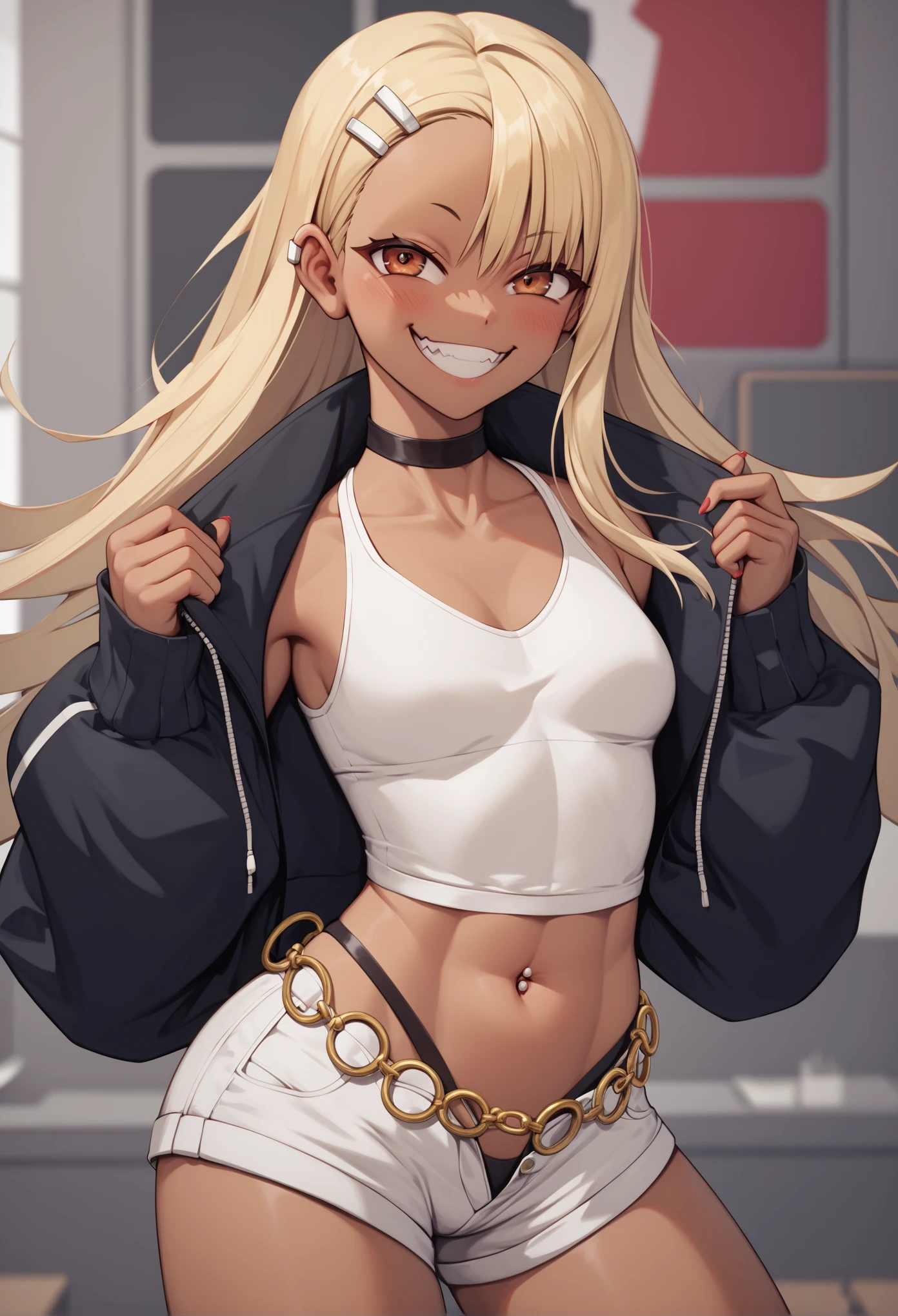 score_9, score_8_up, score_7_up, 1girl, standing, nagatoro hayase, solo , anime, blonde hair, hair clip, grin smile, tan, dark-skinned female, hadegalchainbelt, large o-rings, chain-belt, black cropped jacket, light green camisole, white shorts, navel piercing, masterpiece, ultra-detailed, 4k, look straight at viewer, 