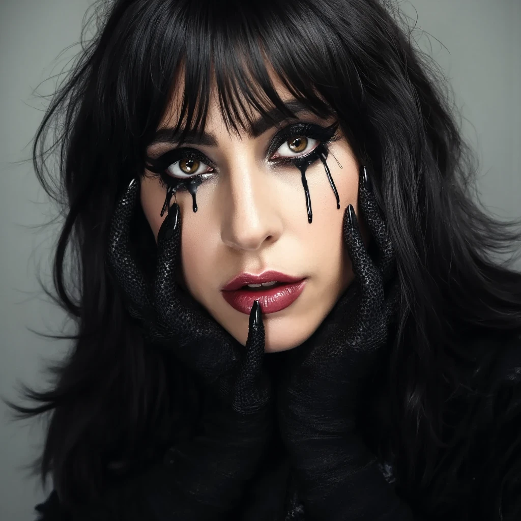 a photo  from Lady Gaga with black long nails with black hair and white highlights with bangs with crimson eyes crying black tears 