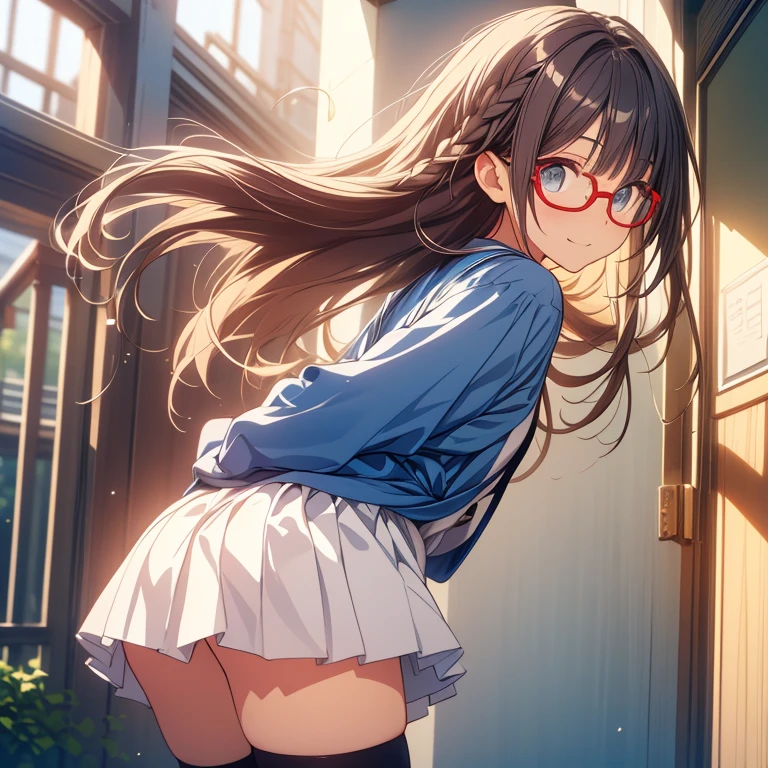 beautiful illustrations, highest quality, pretty girl,{{high , over size sweater,Beautiful medium sized breasts:4,blue pleated skirt}},{{look far away}},{{spiral curl dark brown hair}},BREAK,surprised,high school girl,high quality panties,white knee socks,High quality bra,High quality thighs,151cm,{{beautiful eye1:4}},BREAK,five fingers,BREAK,
