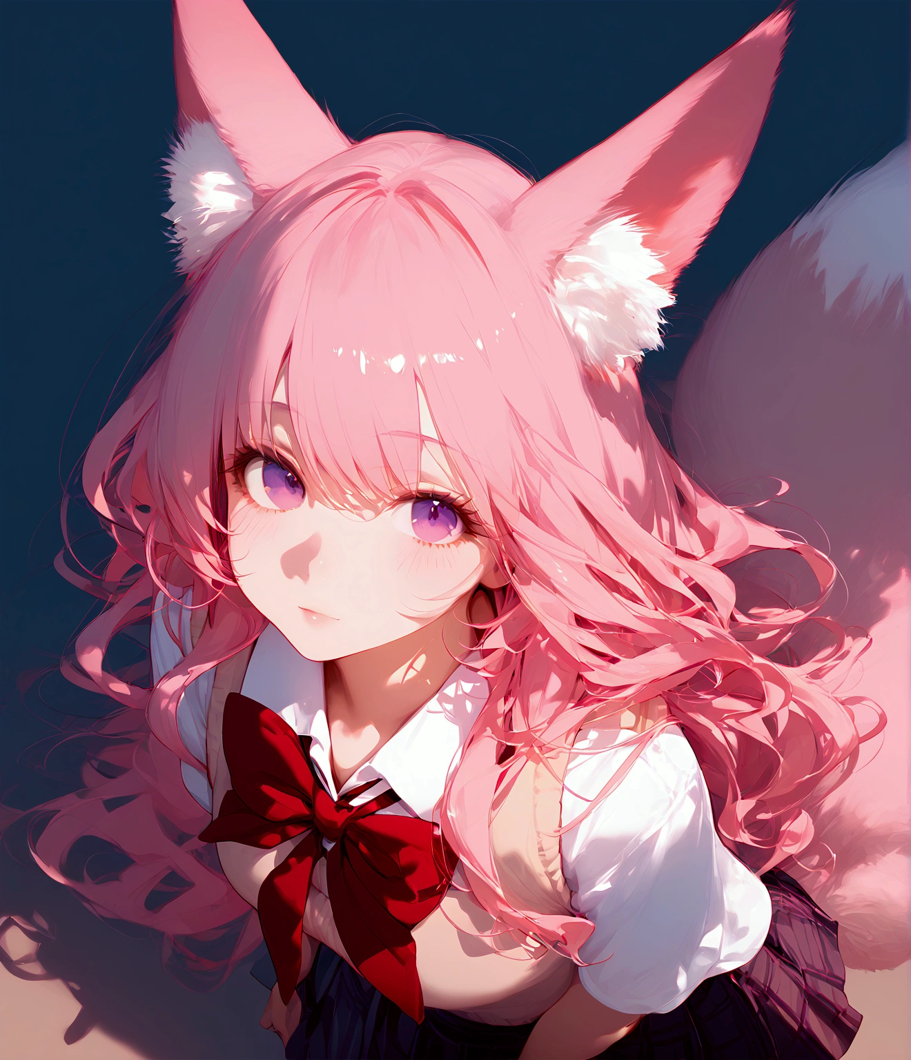 Beautiful anime girl, long pink hair, messy hair, long hair, purple eyes, fox ears, long bangs, fox tail, beautiful, ethereal, fair skin, (school uniform: 1.2), ultra detailed. score_9, score_8_above, score_7_above, looking at viewer, posing. +((☺️)) slight blush. Cute