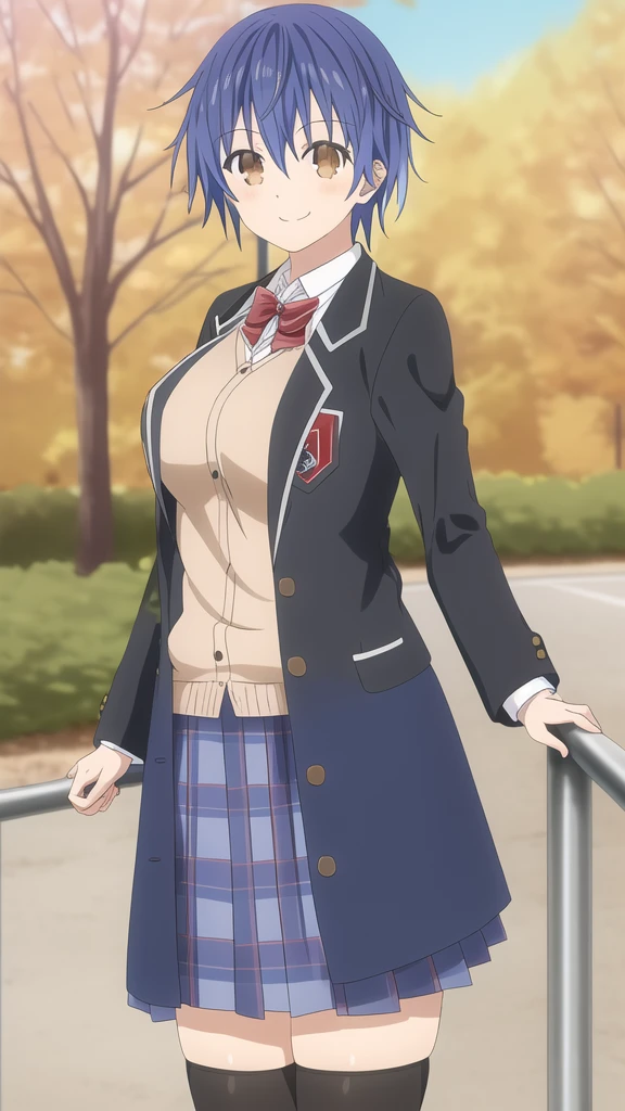 itsuka shido, girl, solo, blue hair, Brown eyes, smile, large breasts, red bow, striped bow, blazer, blue jacket, long sleeves, plaid skirt, brown skirt, black thighhighs, outdoors, cowboy shot, standing, looking at viewer,