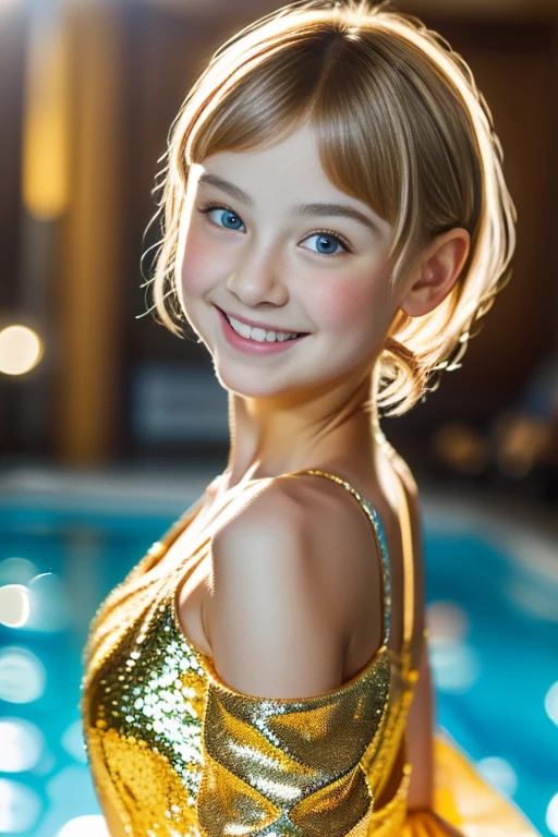 close-up CHILDREN BLONDE GIRL WITH LONG HAIR, em um vestido branco, sentado em uma mesa brilhante, usando um vestido prateado, vestido prateado extravagante, em um quarto branco, solo photo shoot, DISCOTECA.