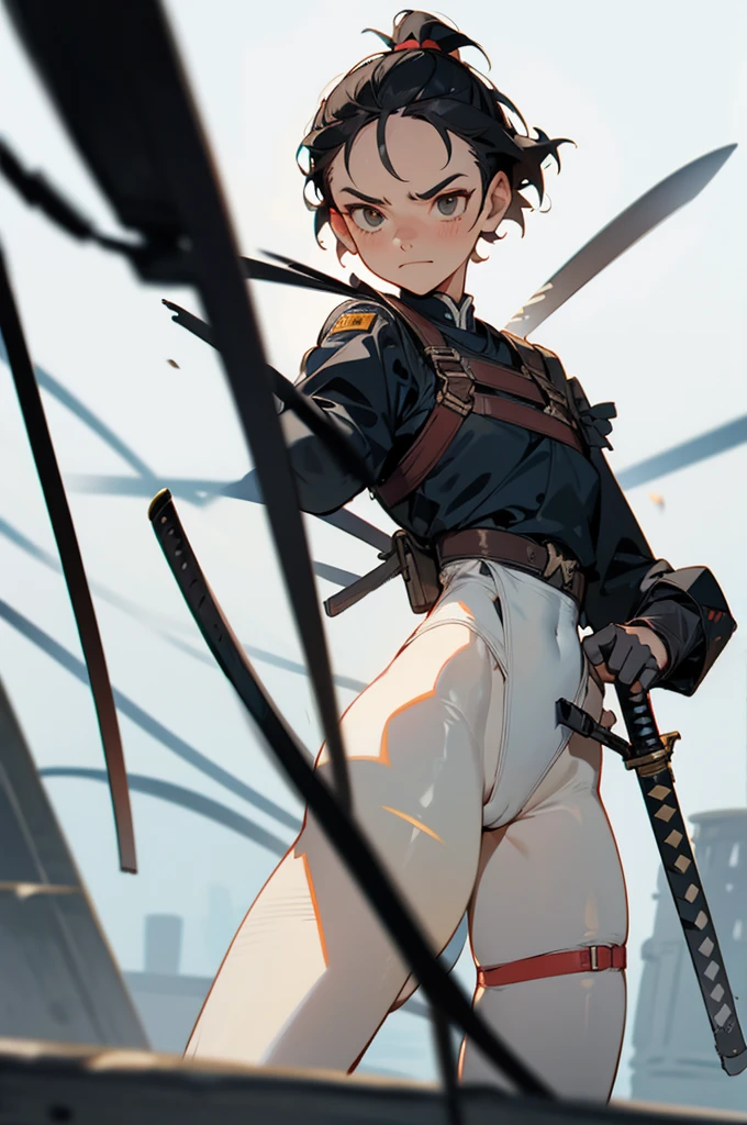 high quality, detailed, urban military leotard, grinning, frowning, girl, (forehead), (very short hair), (White tights), soft lighting, double samurai sword, harness, thigh holster,