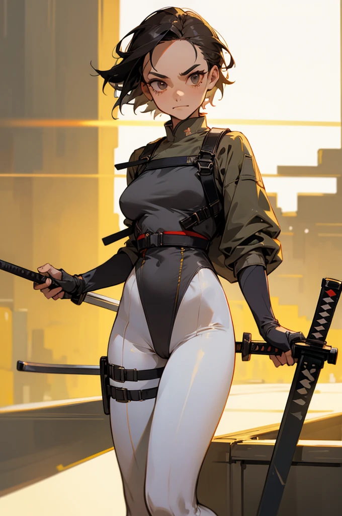 high quality, detailed, urban military leotard, grinning, frowning, girl, (forehead), (very short hair), (White tights), soft lighting, double samurai sword, harness, thigh holster,