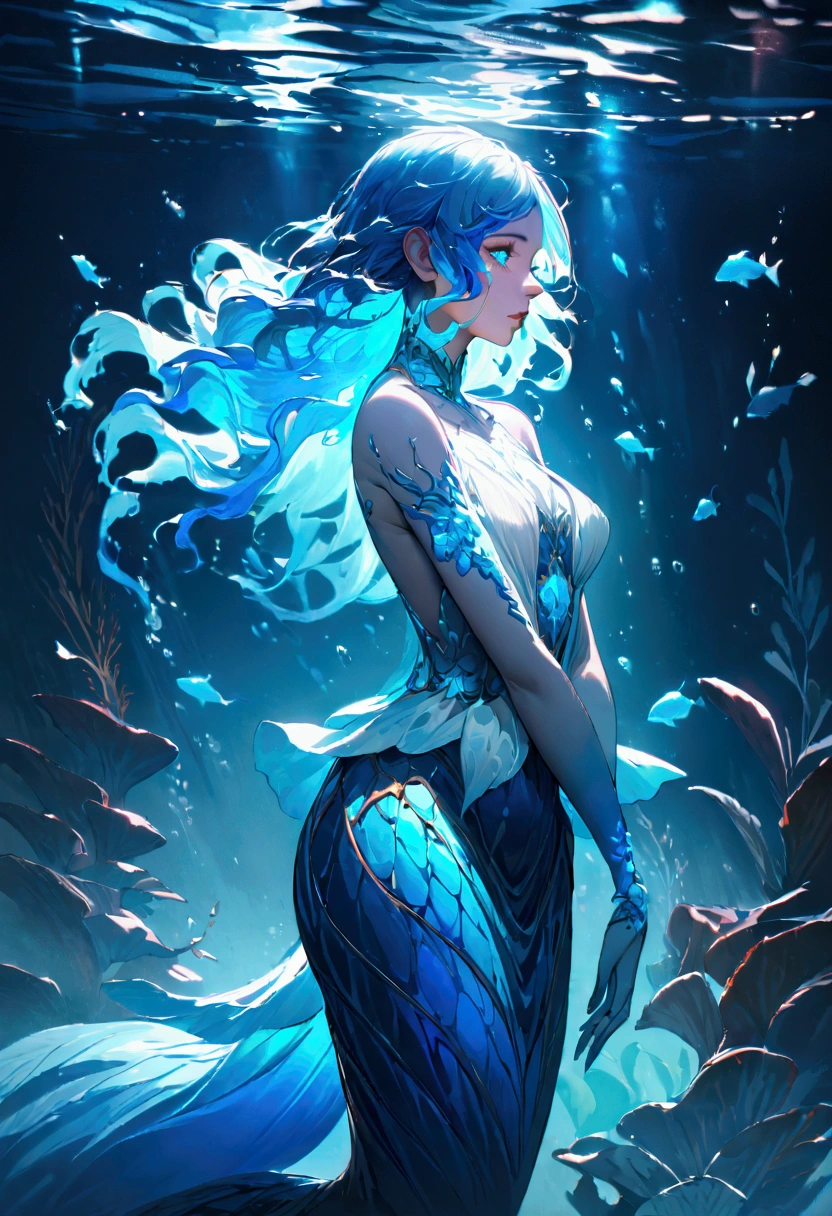 a genasi made of water, woman with water-like skin and flowing blue hair, beautiful detailed eyes, beautiful detailed lips, extremely detailed face, long eyelashes, graceful pose, underwater scene, glowing bioluminescent plants, ethereal lighting, cinematic, dramatic, vibrant colors, fantasy, digital painting, 8k, hyper detailed, masterpiece mermaid tail, becoming one with the water. Profile