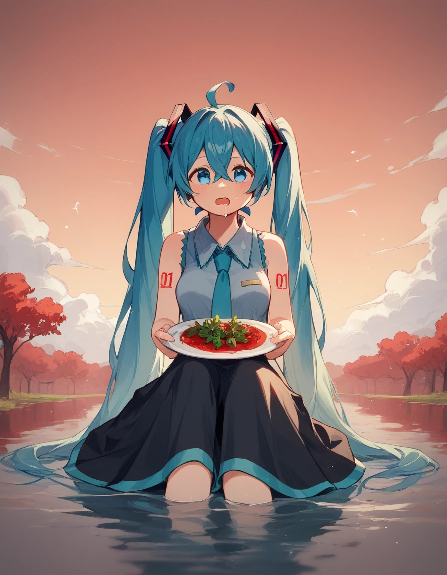 Miku Hatsune, Ahoge,  eyes dichroma red green ,  water colored hair , Crossed bangs, hair between eyes,  hair ornament , AuriculAres,  long hair, two stories, drugged,  sitting on the floor,  chibis ,  red river , blue trees , red sky,  looking at the sky , vomiting,  holding a plate with herbs, drooling,  shattered clothes  