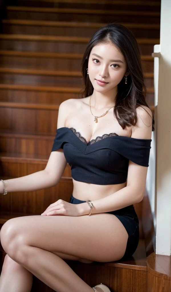  beautiful woman sitting on stairs 、lace off shoulder 、 thin black pantyhose、 slit skirt、
 high definition , masterpiece,  textured skin,  Ultra High Definition,  best quality, 
8k、4K、 Necklaces 、 bracelets staring at the viewer、earring
beautiful skin 、Beautiful breasts、 cleavage