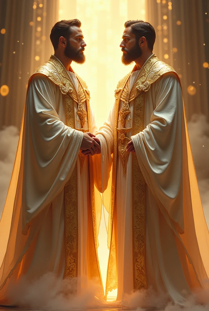 two men, king and subjects, vestimenta de Egyptian, whites, beautiful, Asian, adults, big ones, with black and gothic background, Egyptian, looking ahead, Adults, men