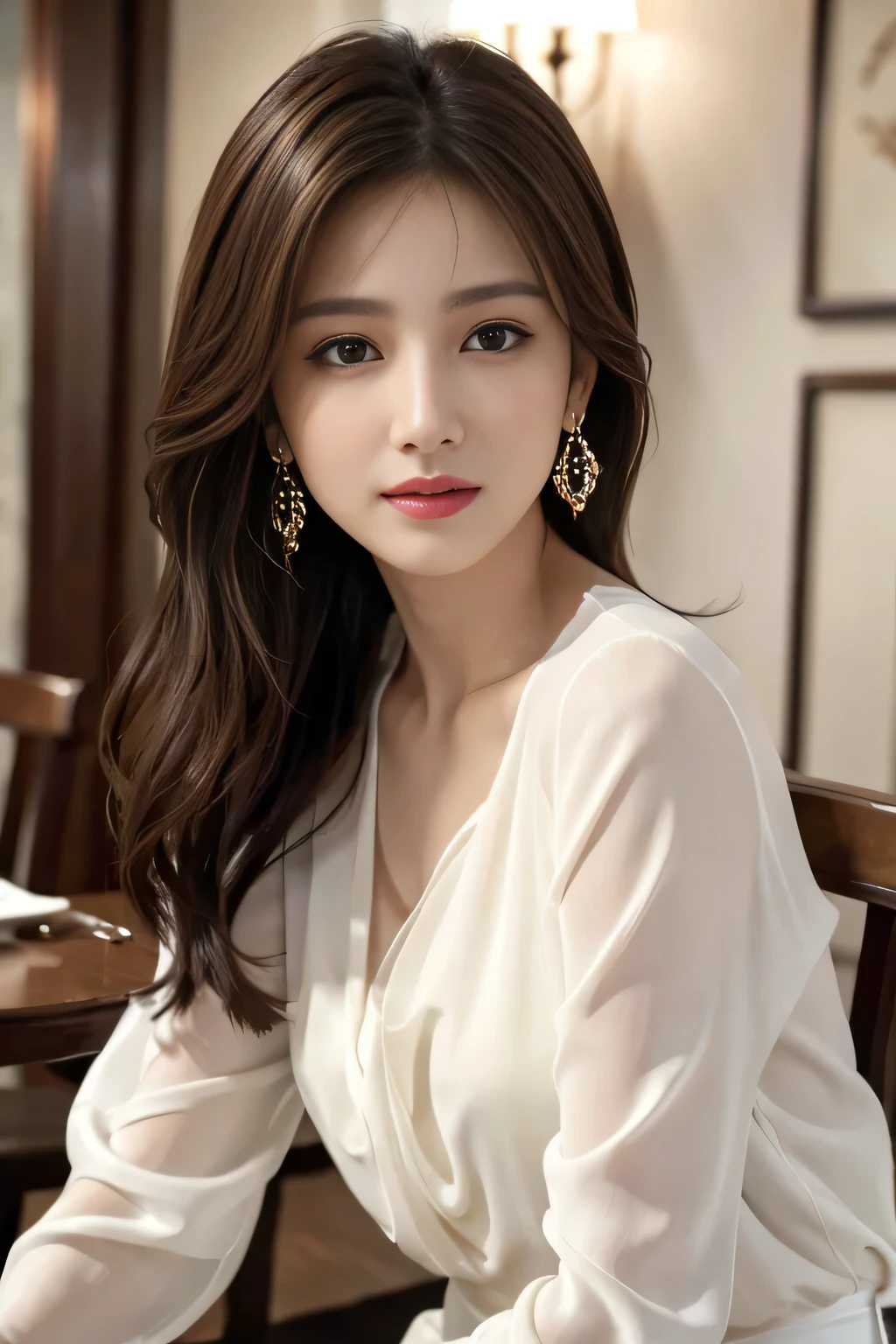 masterpiece, Highest quality, Realistic, Very detailed, Finer details, High resolution, 8k wallpaper, One beautiful woman, Wear a nice suit, In a great restaurant, At night, Light brown messy hair, Perfect dynamic composition, Beautiful and beautiful eyes、Big earrings、Sit on the sofa