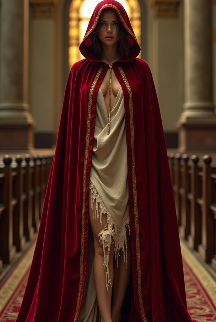 ancient imperial priestess, the body wet dirty, the body scrtched covered with ancient signs, the body red painted, ancient empire stone temple fire, night darkness shadow, shaved hairy, the hood lace, hairs very very long, fog smoke, the cloak long lace, fullbody skin