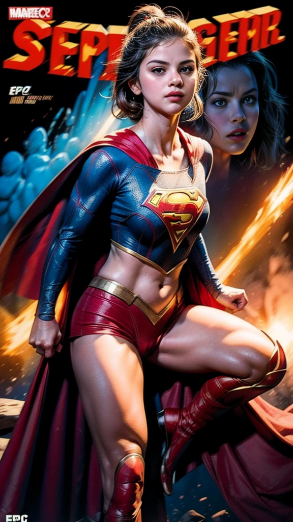 Cinematic. (((A comic style, cartoon art))). Selena Gomez as Supergirl Posing for photo (((in epic heroic pose))) , Selena Gomez wearing his iconic red and blue uniform, Showing the belly,  , ((Wearing a Red  cape)) . (((Hot Body, camel toes))). ((((Abstract Comic background )))) , vivid colors, detailed, detailed face, realistic shadows and bright, glowing.