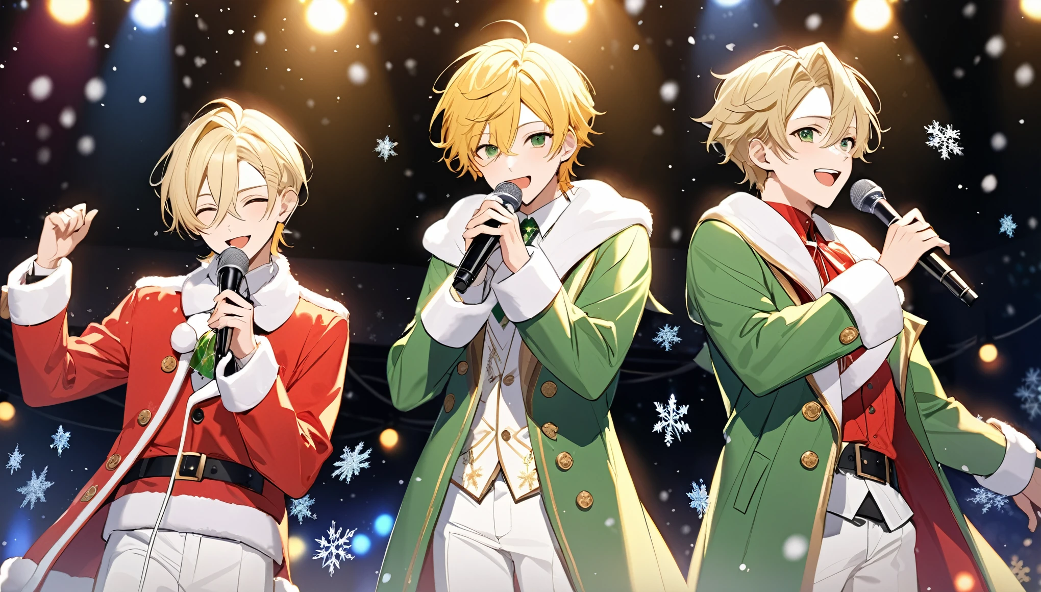 Three male idols on stage, only three, performing a Christmas-themed concert. Each wears a unique holiday-inspired outfit: one in a red and white Santa-style jacket, one in a green coat with golden accents, and one in a white winter outfit with snowflake details. They all have natural hair colors like brown, black, or blonde—no red. The stage is decorated for Christmas, with lights, garlands, and snowflakes in the background, creating a festive and joyful atmosphere.