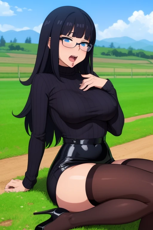 20 year old woman, busty, huge tits, round breasts, bubble butt, hourglass figure, skinny, blushing, stern expression, horny, seductive, black hair, long hair, straight hair, straight fringe, bangs, wearing red ribbed sweater, turtleneck sweater, black pencil skirt, transparent stockings choker, high heels, glasses, tight fitting clothing, flat colours, anime, ecchi anime style, outside, in field, on farm, punk, punk hairstyle, heavy makeup, kissable lips, hentai, manga, ahegoe, random porn pose, grabbing own breasts, hand sinking into breasts, soft breasts, squeezing tits, hands on chest, ((open mouth)), punk rock,