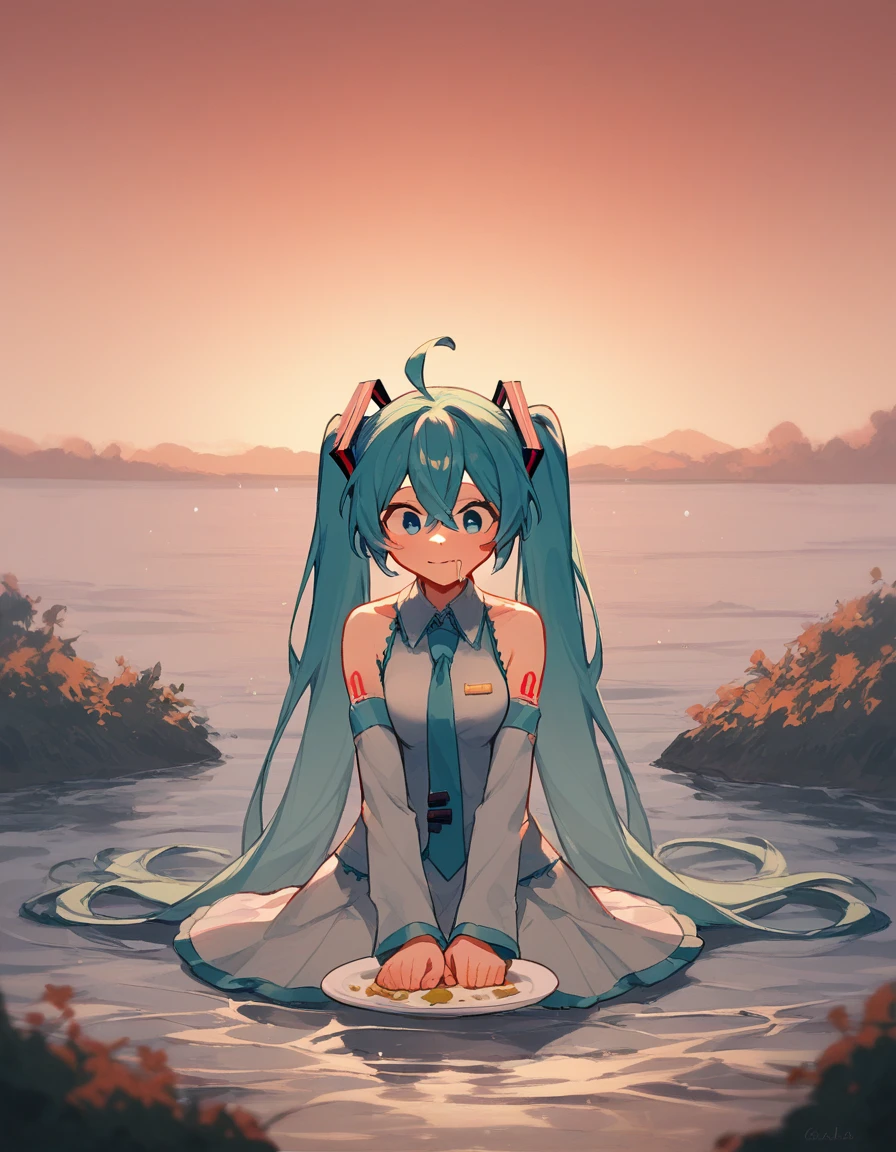 Miku Hatsune, Ahoge, eyes dichroma red green ,  water colored hair , Crossed bangs, hair between eyes,  hair ornament , AuriculAres,  long hair, two stories, loca, excited,  sitting on the floor,  chibis ,  red river , blue trees , red sky,  looking at the sky , vomiting,  holding a plate with herbs, drooling,  shattered clothes  