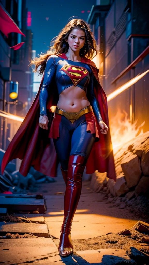 Cinematic. (((A comic style, cartoon art))). Selena Gomez as Supergirl Posing for photo (((in epic heroic pose))) , Selena Gomez wearing his iconic red and blue uniform, Showing the belly,  , ((Wearing a Red  cape)) . (((Hot Body, camel toes))). ((((Abstract Comic background )))) , vivid colors, detailed, detailed face, realistic shadows and bright, glowing, big breasts