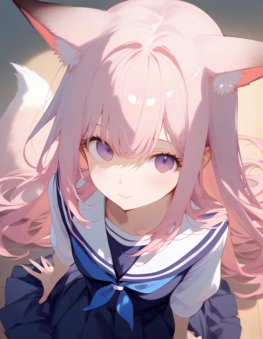 Beautiful anime girl, long pink hair, messy hair, long hair, purple eyes, fox ears, long bangs, fox tail, beautiful, ethereal, fair skin, (school uniform: 1.2), ultra detailed. score_9, score_8_above, score_7_above, looking at viewer, posing. +((☺️)) slight blush. Cute