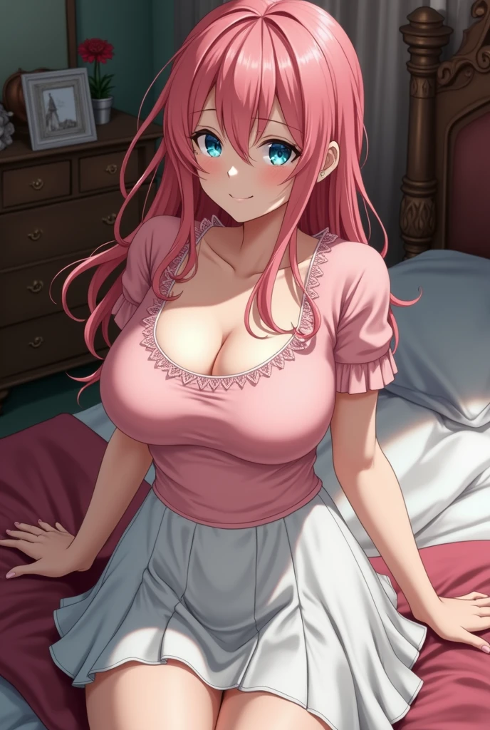 One Woman、private teacher、Big Breasts、Pink Hair、Long Hair、Straight Hair、Ahoge、Kind older sister、green shining eyes、Droopy eyes、smile、naked、background home、On the bed