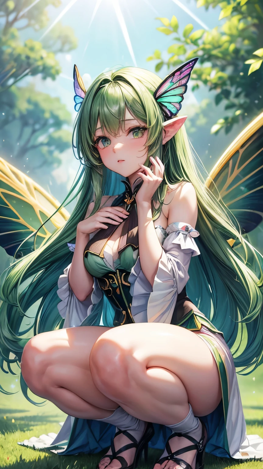((Highest quality)),(超High resolution),(Very detailed),(Detailed Description),((The best CG)),(masterpiece),Ultra-detailed art、(Highest quality、8k、32K、masterpiece)、(Realistic)、(Realistic:1.2)、(High resolution)、Very detailed、Very beautiful face and eyes、1 female、((:1.3))、Tight waist、Delicate body、(Highest quality、Attention to detail、Rich skin detail)、(Highest quality、8k、Oil paints:1.2)、Very detailed、(Realistic、Realistic:1.37)、Bright colorasterpiece, highest quality, ultra high res, ultra detailed:1.3), (1 cute fairy girl:1.7), ideal ratio body proportions, green long hair, (a pair of insect wings:1.3), camel toe, clothes covered papillas, clothes covered entrez, clothes covered breast top,