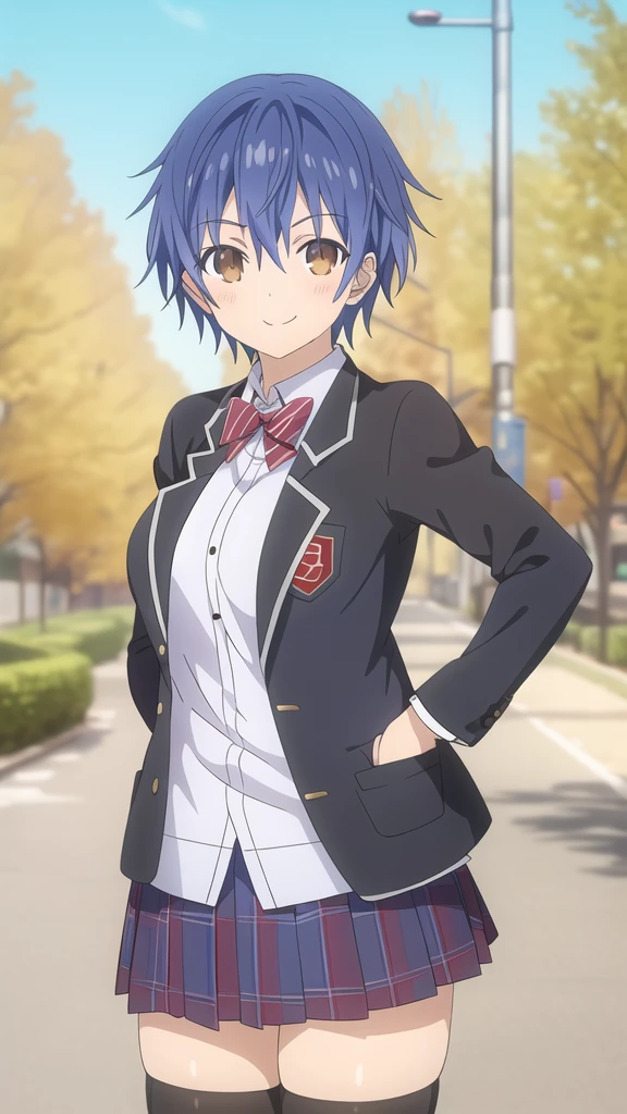 itsuka shido, girl, solo, blue hair, Brown eyes, smile, large breasts, red bow, striped bow, blazer, blue jacket, long sleeves, plaid skirt, brown skirt, black thighhighs, outdoors, cowboy shot, standing, looking at viewer,