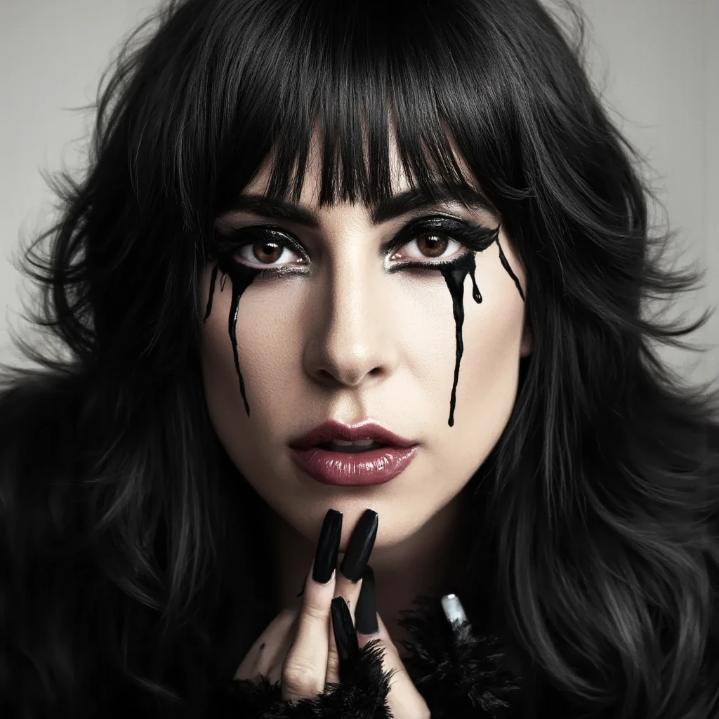 a photo  from Lady Gaga with black long nails with black hair and white highlights with bangs with crimson eyes crying black tears 