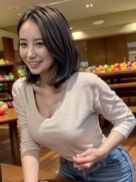 (( best quality, 8k,  table top  :1.3)),  sharp concentration :1.2, 美しい mature woman , 50 Year Old Married Women ,  mature woman , ((Loose-fitting T-shirt)), Take off your blouse, (( forward slack )), ( Beautiful breasts), (smile:1.15), Big Breasts、I'm shopping at the supermarket with emphasis on chest wo ,  Highly Detailed Face and Skin Textures, fine grain, (Round face:1.4),  shopping at the supermarket,I'm bending over and shopping , downblouse, loose t-shirt, leaning forward
