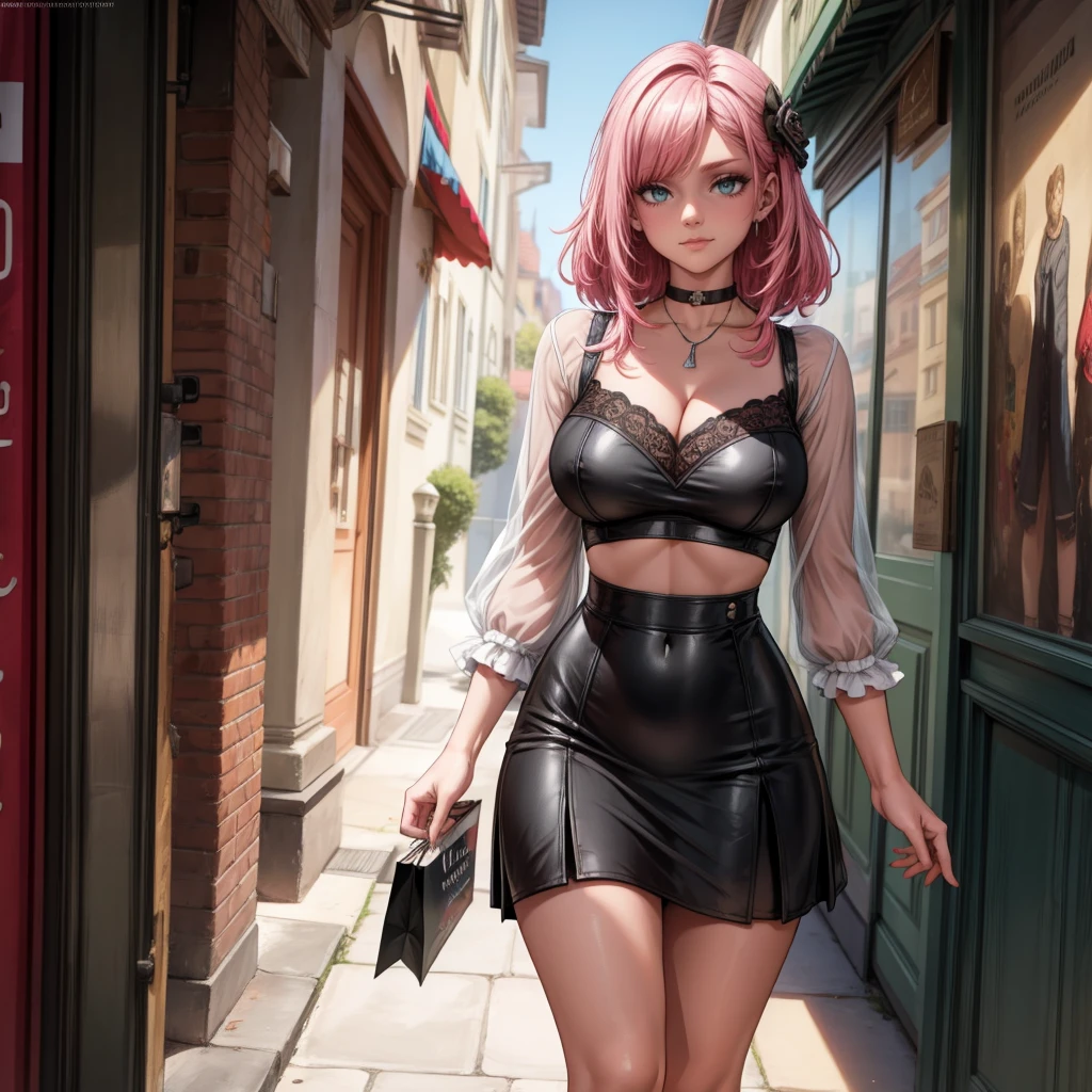 (masterpiece, best quality:1.4), (extremely detailed, 8k, uhd), cinematic shot, natural lighting, ultra highres, vibrant rich colors, (beautiful, aesthetic, perfect, delicate, intricate:1.2), (sharp focus, from front:1.3), eye level shot, 1girl, portrait of a anime girl, young, short pink hair, witch hat, (extremely hot, attractive, beautiful, sexy, feminine:1.2), calm, expressive red eyes, long eyelashes, relaxed, (smiling:1.2), (beautiful detailed face, highly detailed skin, red eyes), gorgeous, breathtaking beauty, seductive, captivating, pale skin, perfect female figure, (slim:0.5), (highly saturated lipstick, purple pink lips, luscious thick lips, small red star earrings), intricate details, daytime, award winning photography, detailed background, volumetric fx, anime, hyper-detailed