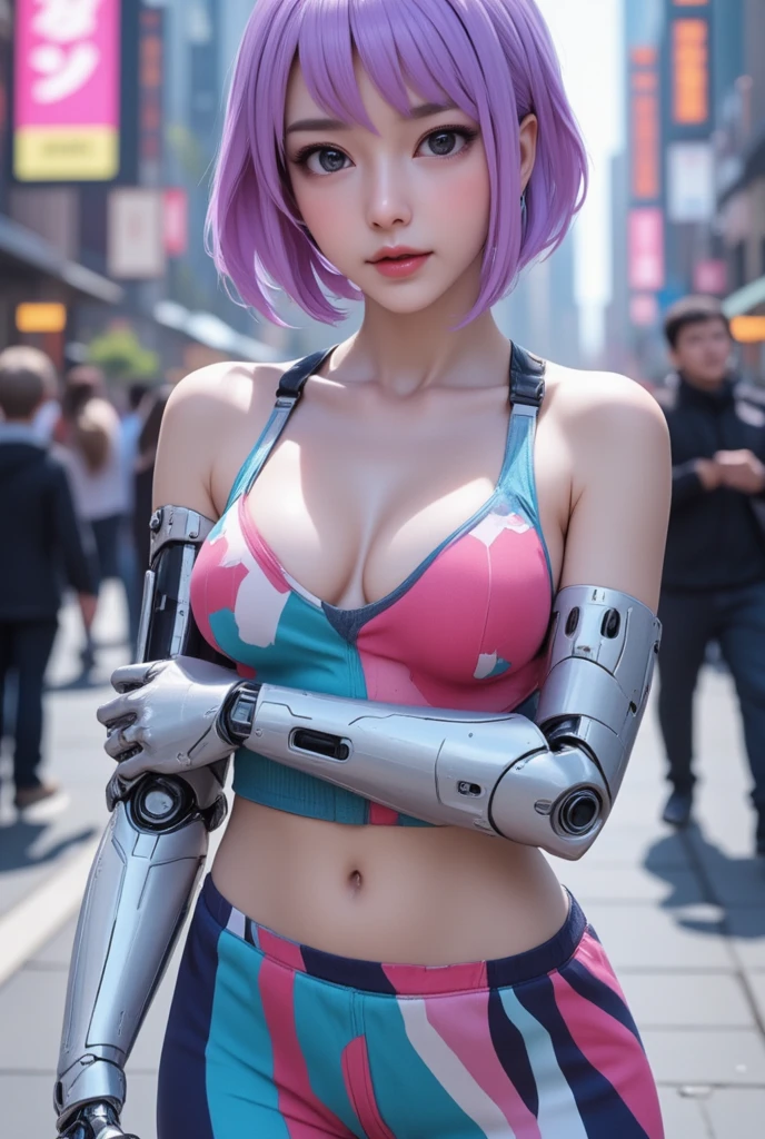 ((Ultra resolution)) , (( ultra realism)) , (( Ultra Lighting)), Woman ( Bullish ) , short grayish purple hair, medium bust, middle hip, is in a robotic academy, (( com o corpo sexy ))