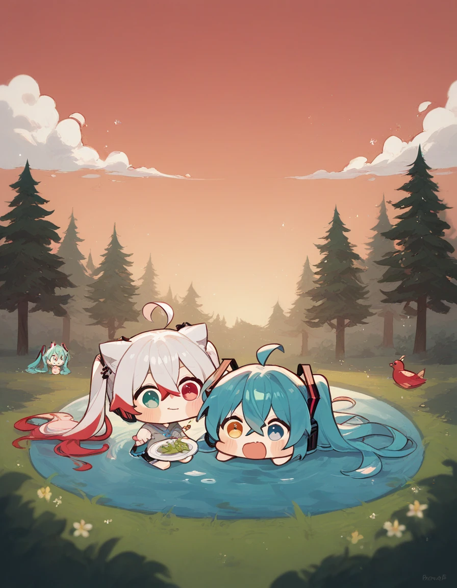 Miku Hatsune, Ahoge,  eyes Heterochromia red green,  water colored hair , Crossed bangs, hair between eyes,  hair ornament , AuriculAres,  long hair, two stories, loca, excited,  sitting on the floor, Chibi,  red river , blue trees , red sky,  looking at the sky , vomiting,  plate with herbs, Ropa Rora , little elves , 